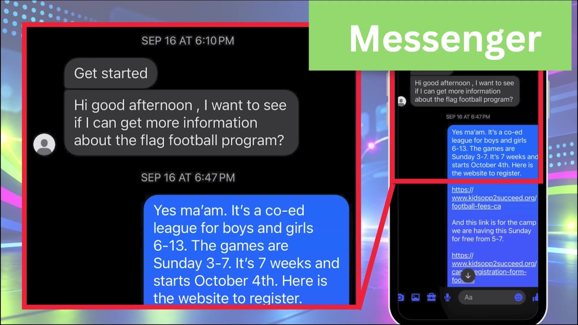 KOPPS Messenger league information conversation displayed on a phone