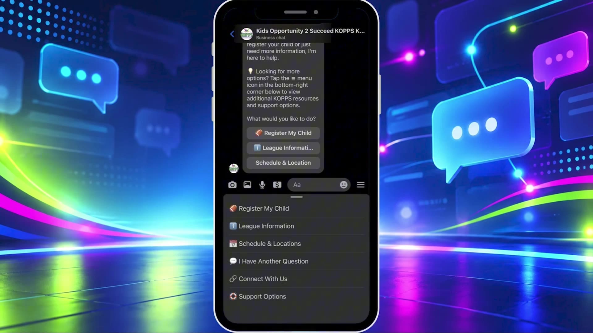 KOPPS Messenger menu with registration, league information, schedule and support options